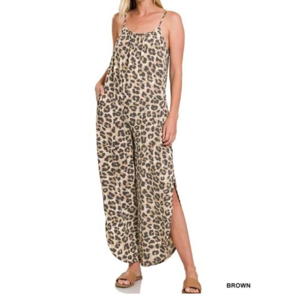 Zenana Brown Leopard Jumpsuit side slits lagen look‎ cozy sz 3X
